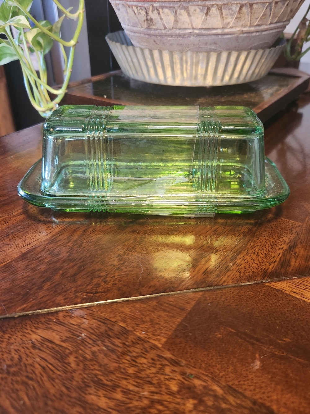 Vintage Hazel Green Glass Butter Dish Crisscross Pattern Size 6.75" x 3"